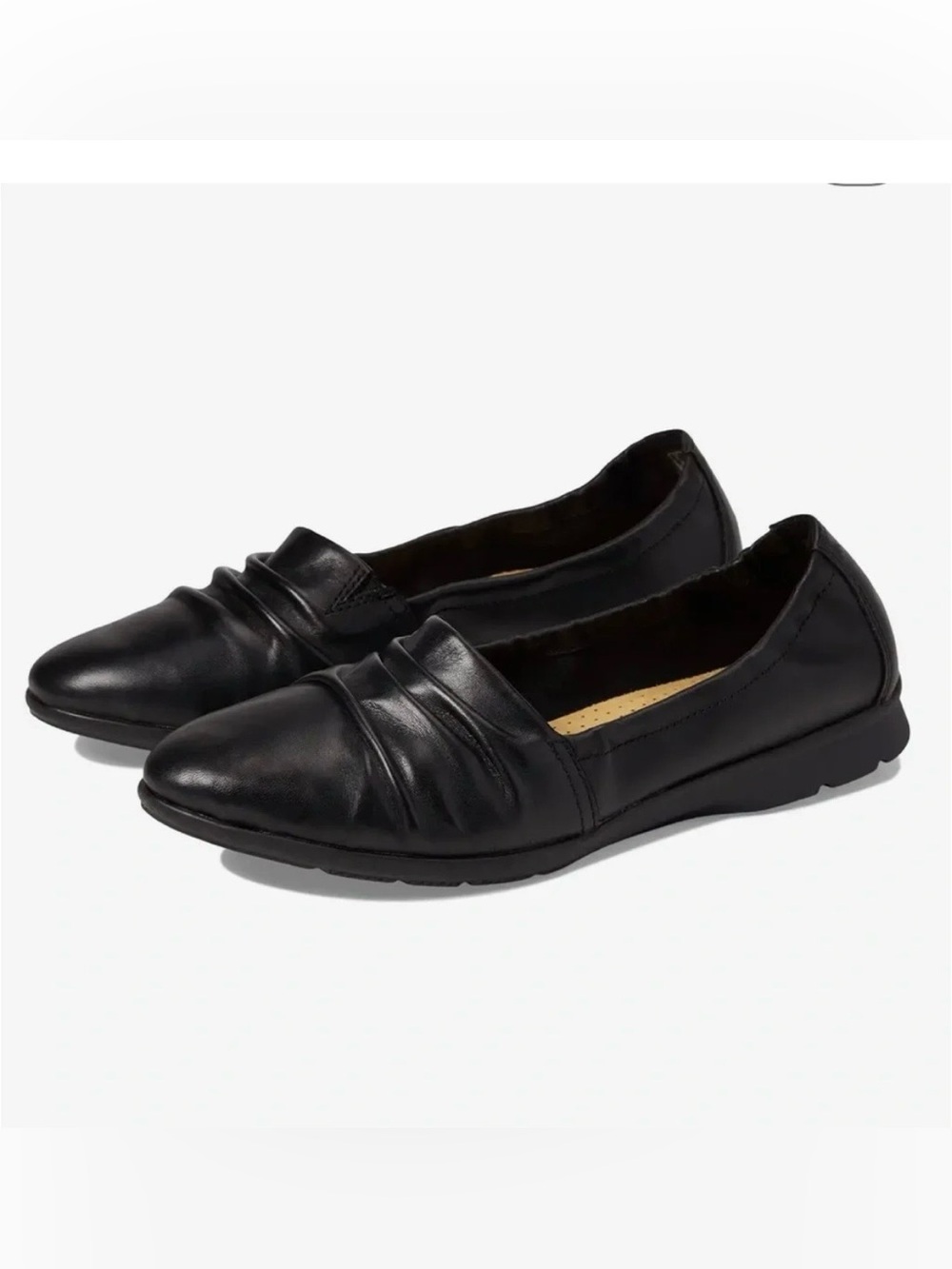 Clarks Jenette Ruby Black Leather Ruched Slip-On Flats for Women